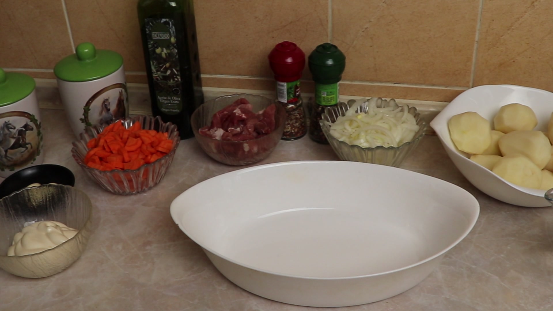Step 1. Carrots Onions Meat Potatoes Mayonnaise Garlic Salt Pepper Seasoning for meat. A week-night supper I never tire of