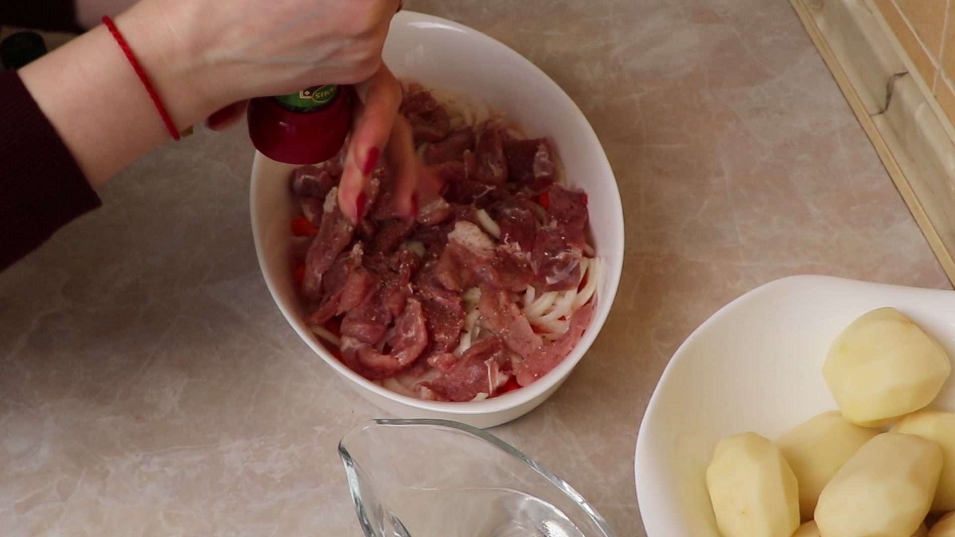 Step 4. Place the meat on the onion - I used pork - cut into small strips. A week-night supper I never tire of