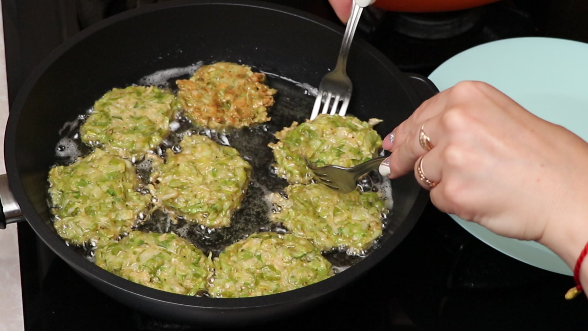Step 6. Fry the fritters on both sides over medium heat until golden brown. Cabbage fritters for the whole family