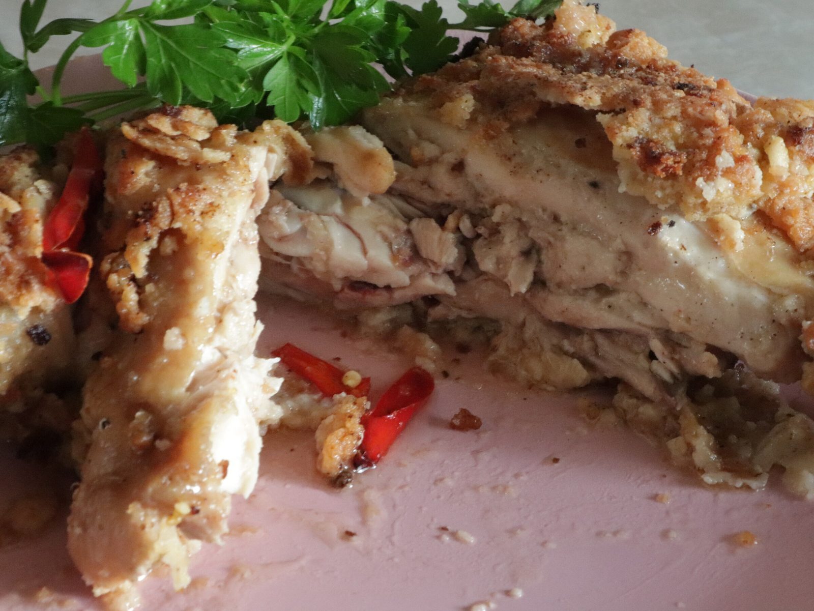 Chicken quarters in a double crumb