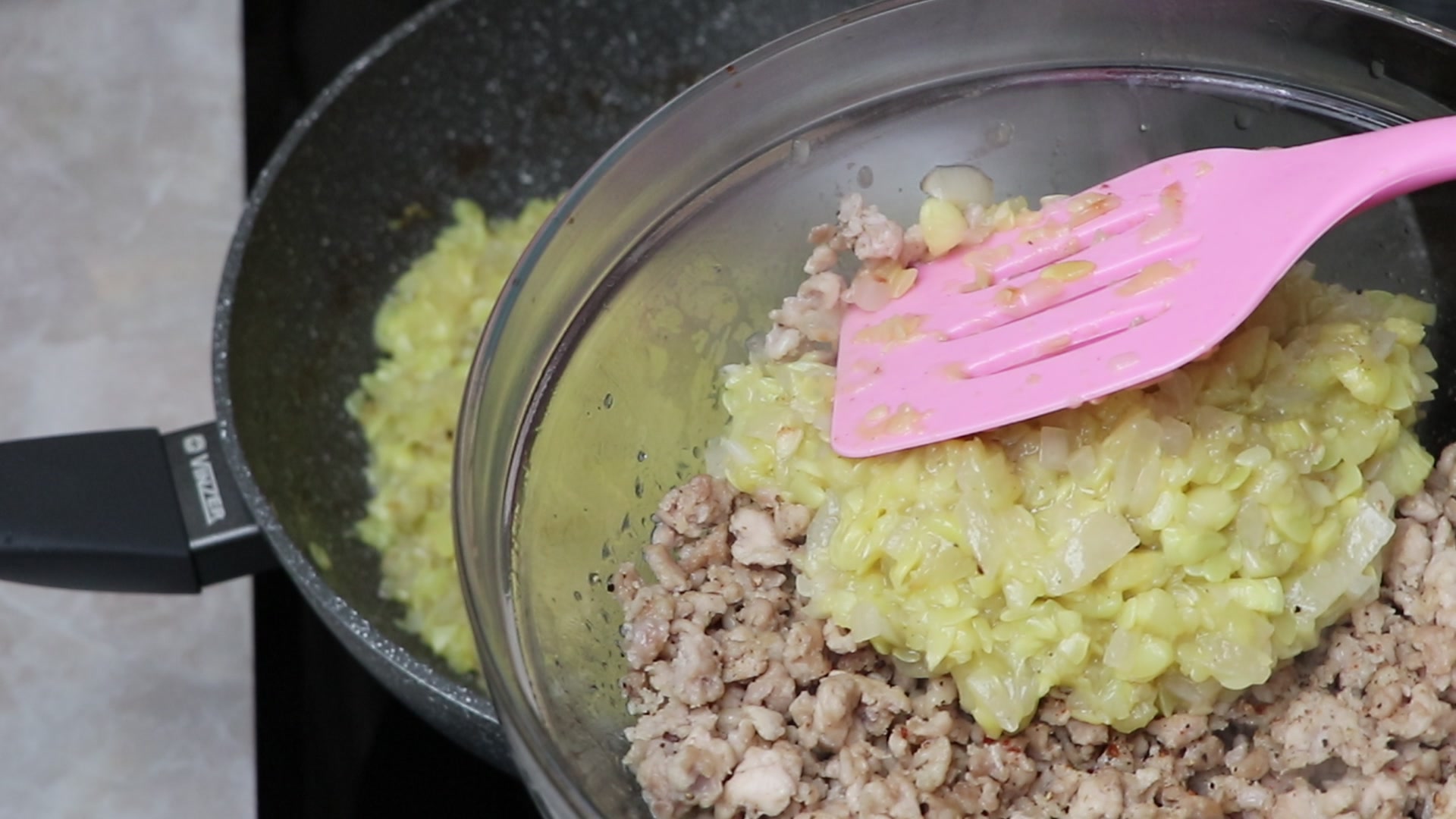 Step 4. Set the mince aside; fry the onion in the same oil, add the courgette and cook. Courgette boats with mince