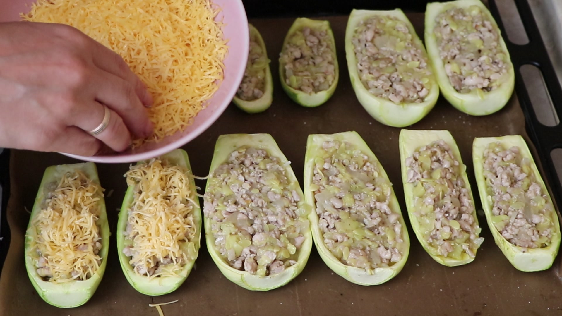 Step 5. Fill the boats, cover with grated cheese and bake 15 minutes more, until the. Courgette boats with mince