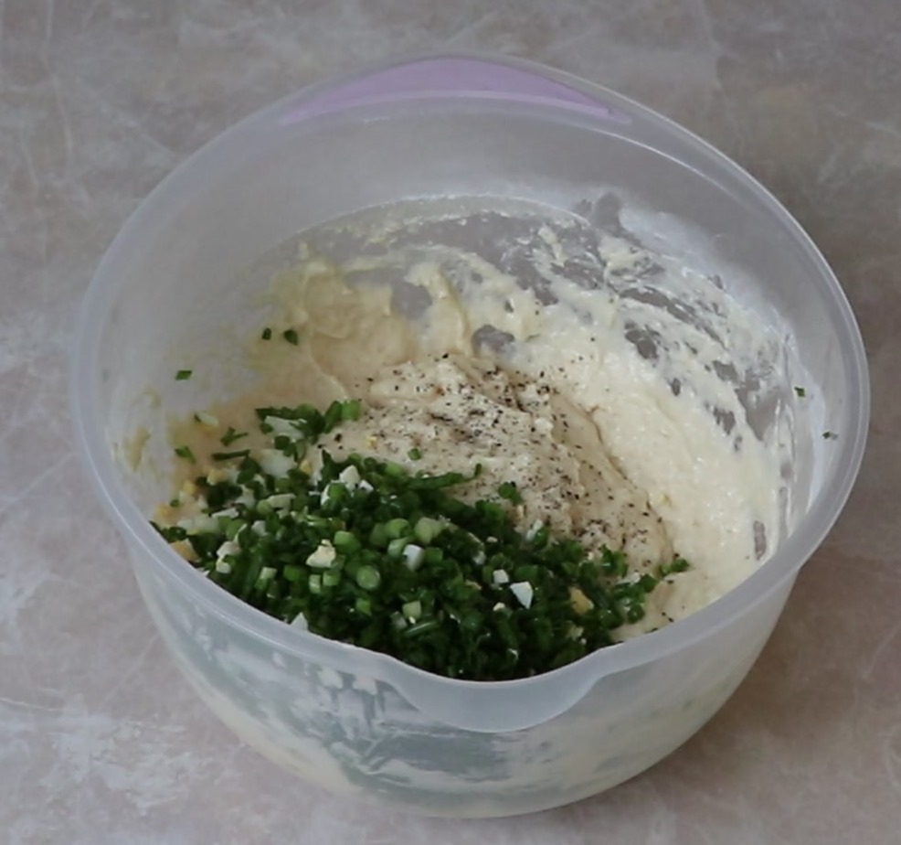 Step 5. Boil the eggs, dice them small and fold into the batter. Lazy onion-and-egg fritters