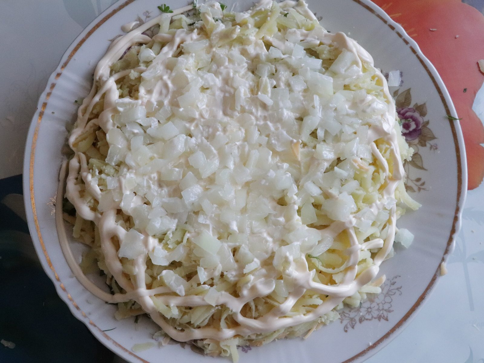 Step 7. The final layer will be the chicken. Mushroom ‘stump’ salad