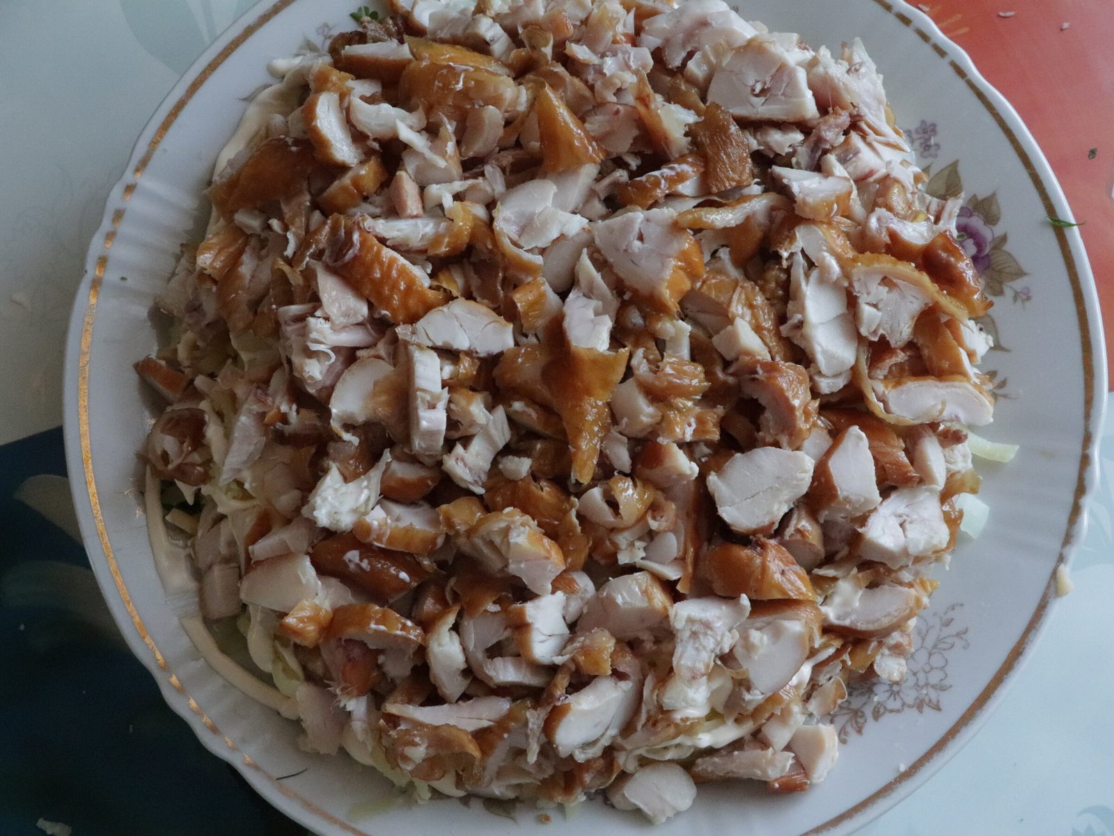 Step 8. We cover the last layer with a plate in which we will place our salad on the. Mushroom ‘stump’ salad