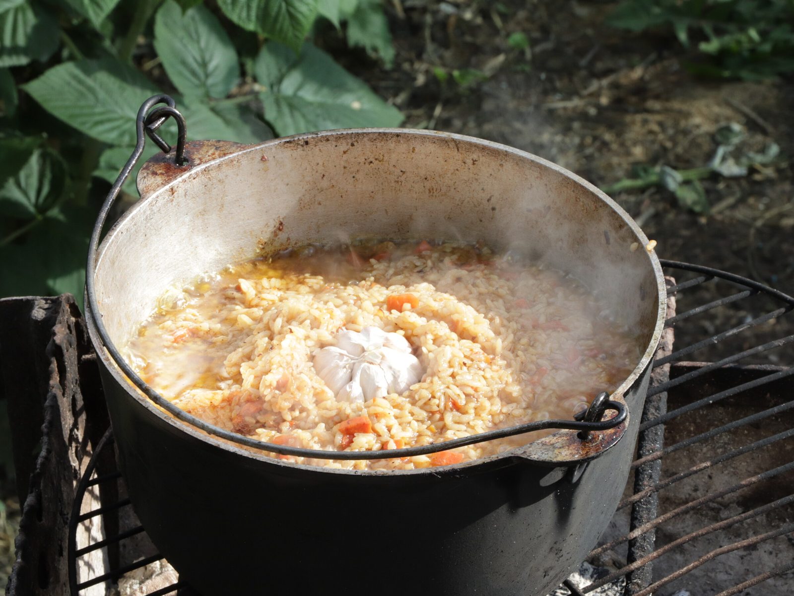 Plov in a kazan over the fire