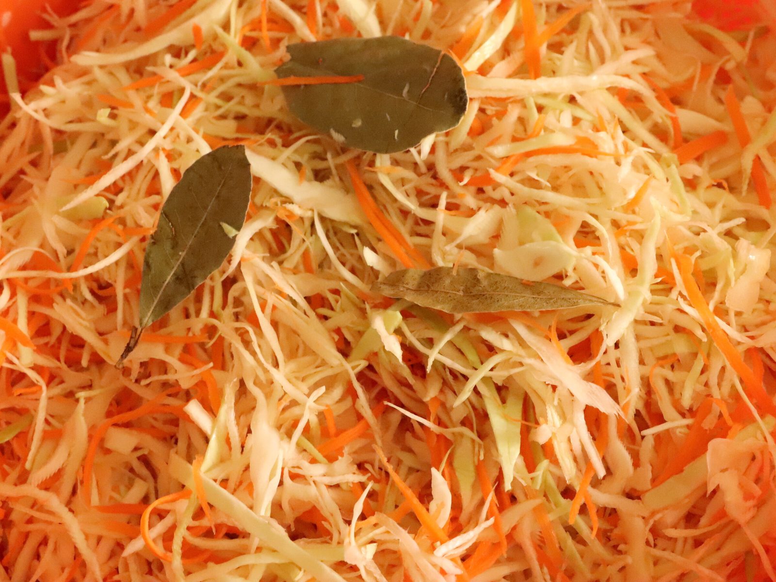 Step 7. Toss cabbage and carrot with bay and peppercorns (I used a mixed pepper this. Sauerkraut