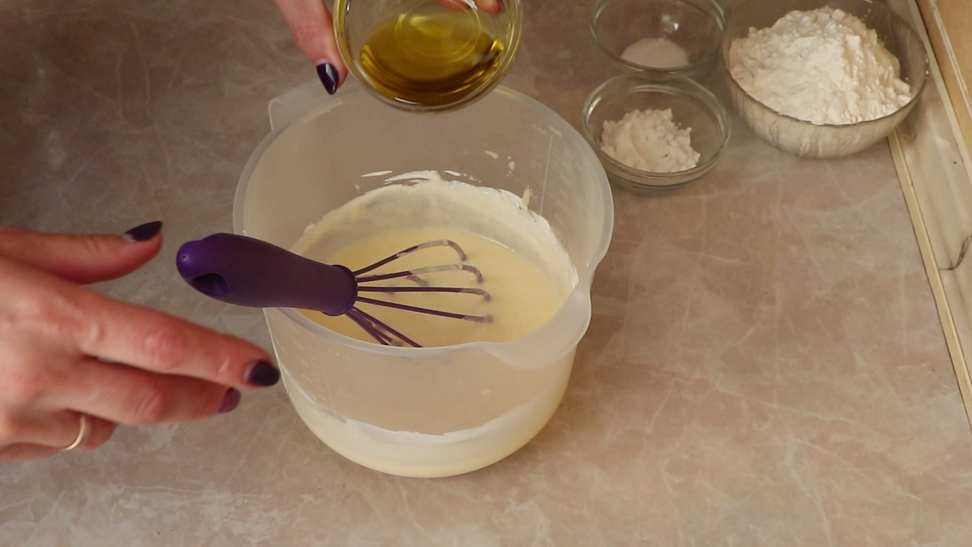 Step 3. Stir in the soured cream, then the oil. Soured-cream fairy cakes for tea