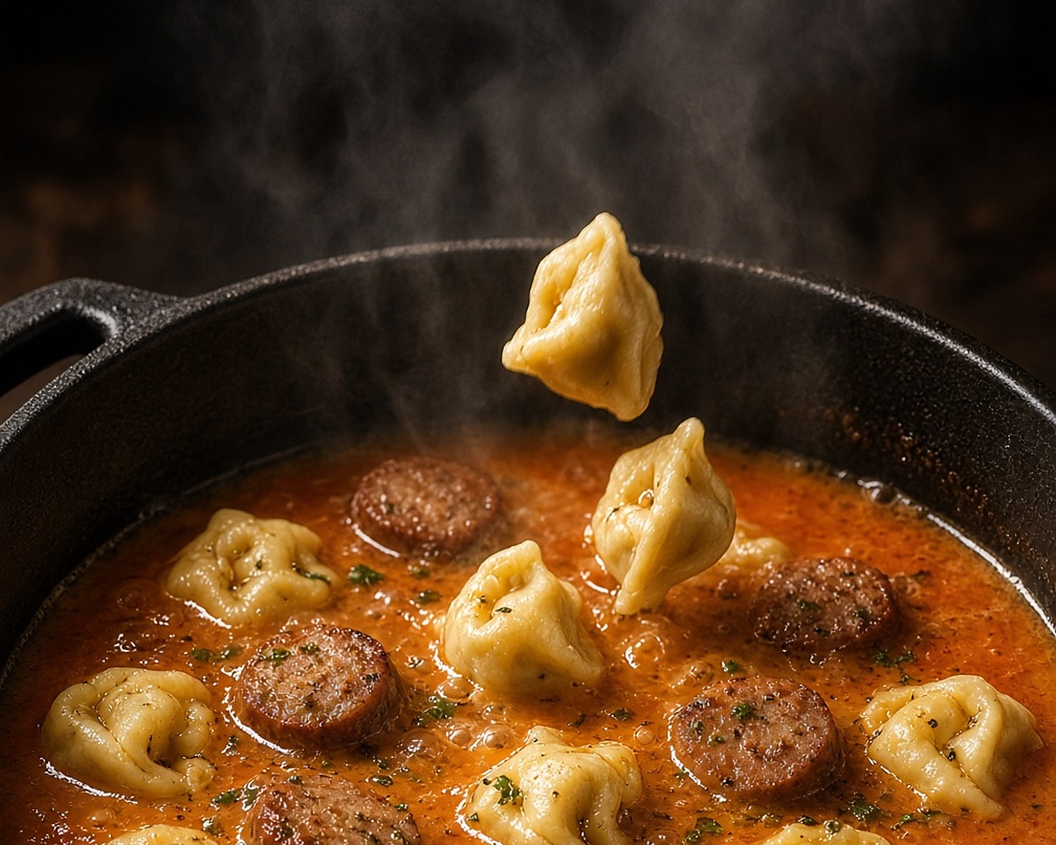 Tortellini soup with sausages
