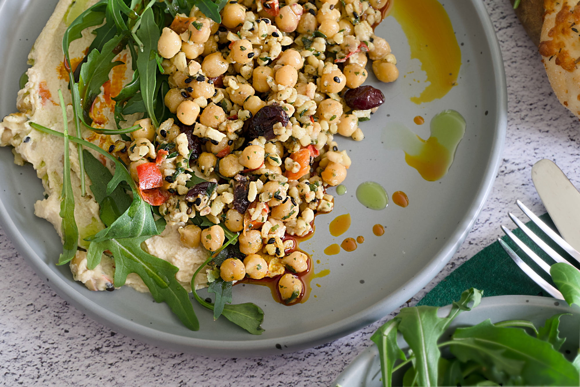 Leftover cooked chickpeas — into hummus or salad tomorrow