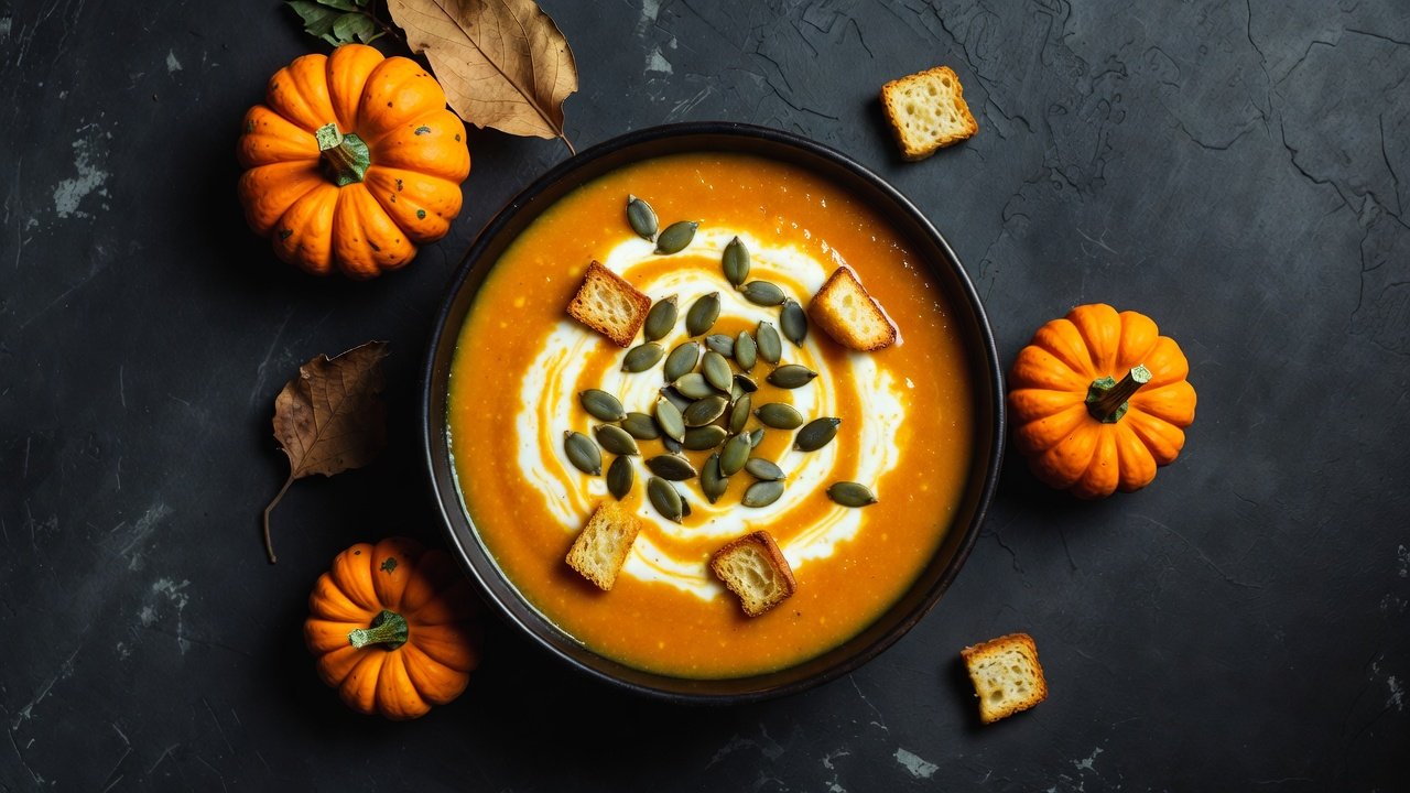 Creamy pumpkin soup with seeds and croutons