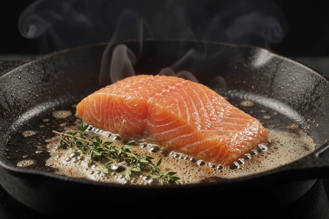 Salmon skin side down, until it lets go
