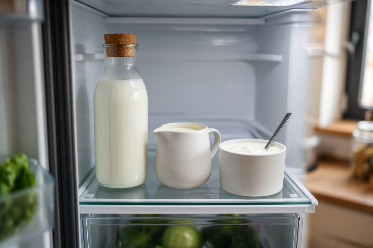 Milk, cream and yoghurt in the fridge